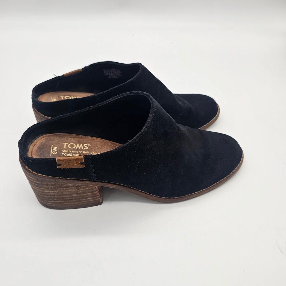 TOMS Suede Mules Womens Size 8 Black Block Heel Slip On Boho Retro Shoes